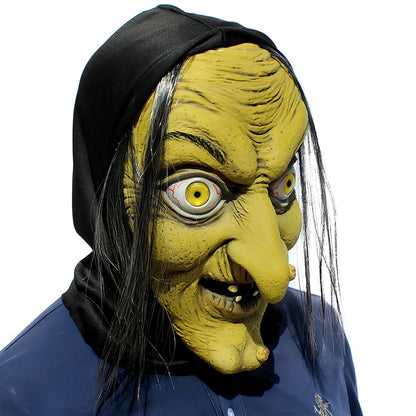 Latex witch mask with elastic strap showing realistic facial wrinkles and pointed nose design for Halloween costumes