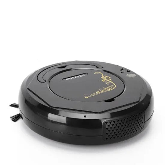 Blue floor sweeping robot vacuum cleaner on a wooden floor