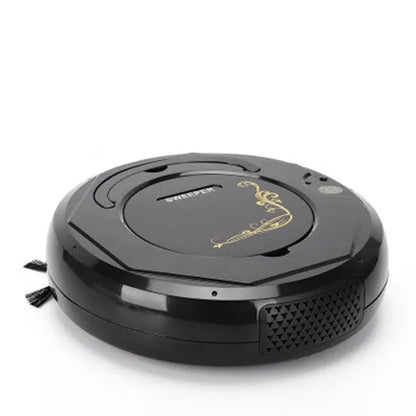 Blue floor sweeping robot vacuum cleaner on a wooden floor