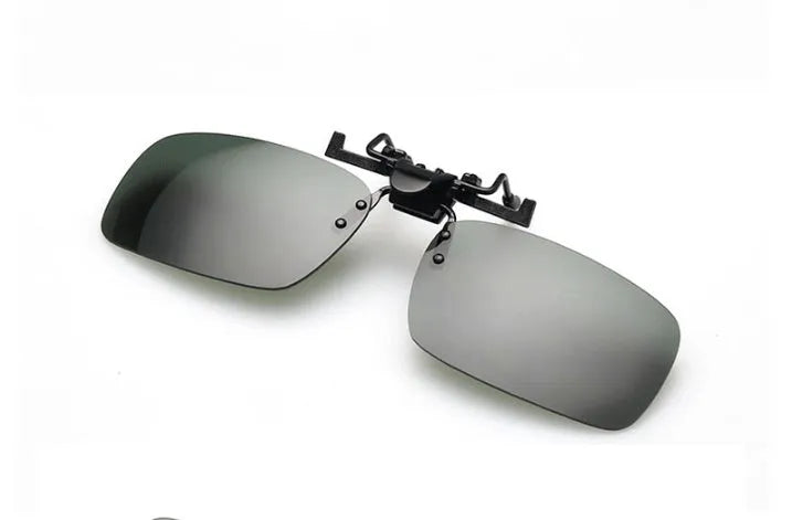 Clip-on sunglasses for prescription glasses in PC material, shown in large and small sizes with different coloured lenses.