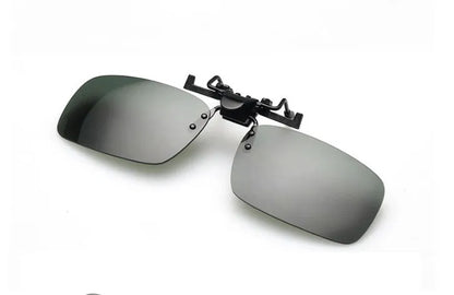 Clip-on sunglasses for prescription glasses in PC material, shown in large and small sizes with different coloured lenses.