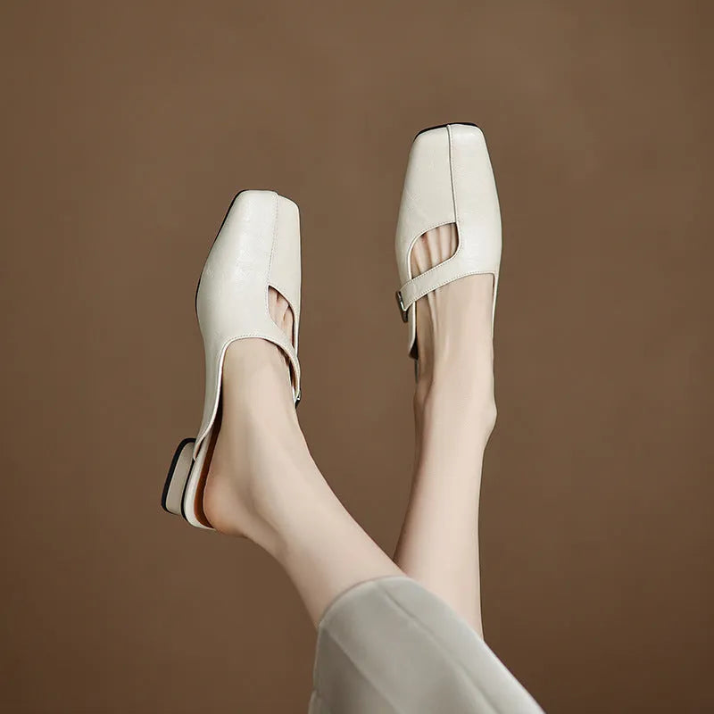 British style square toe outdoor slippers in black with low heel and rubber sole