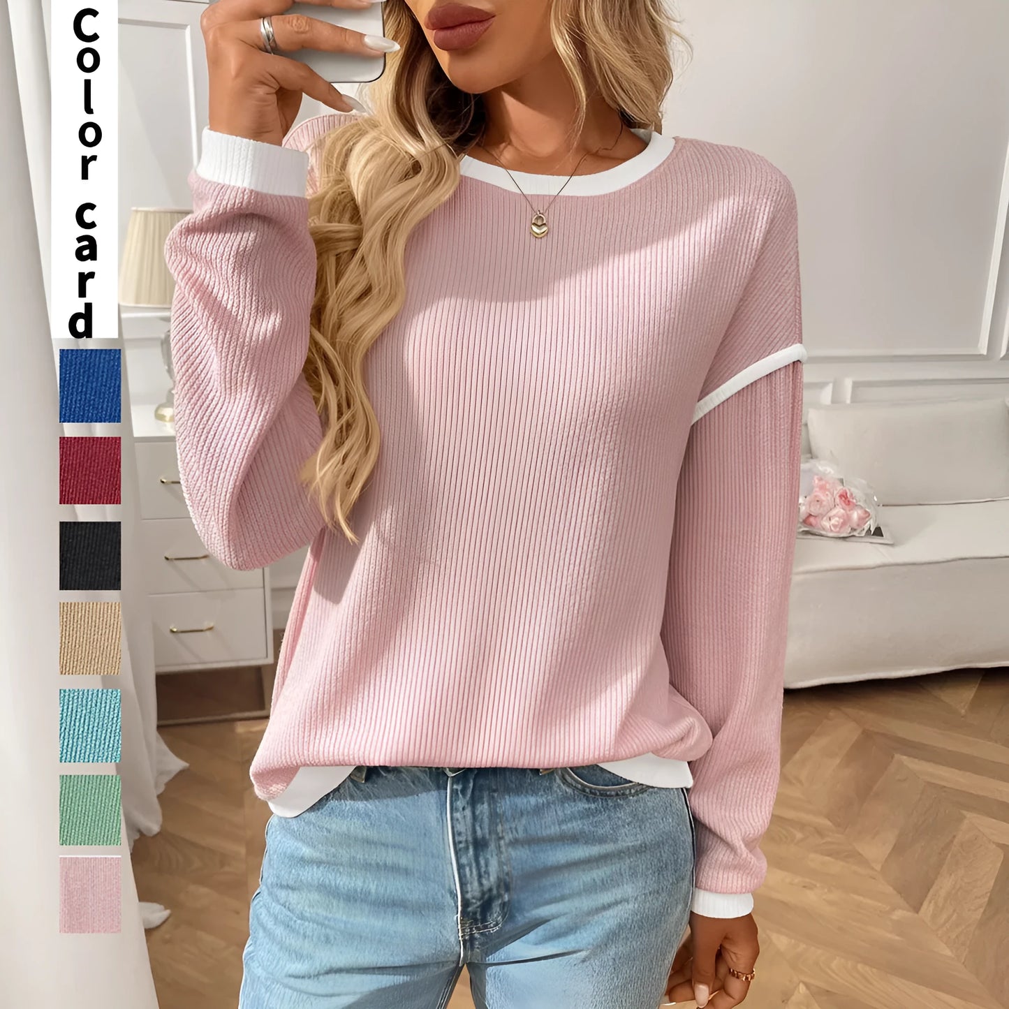 Women's loose round neck long sleeve polyester top shown in a multicolour range.