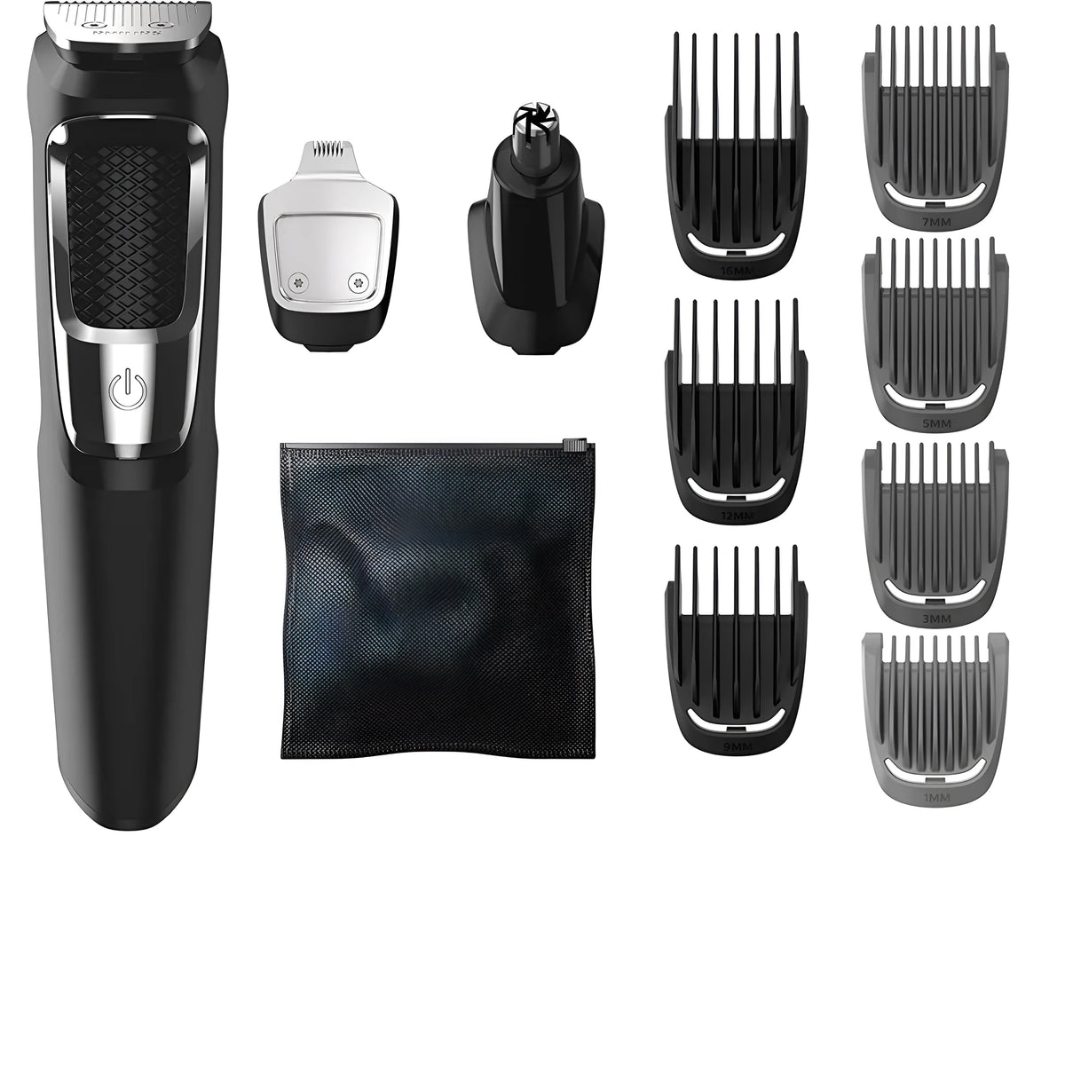 Standard colour multifunctional nose and beard hair clippers with cleaning brush on a white background.