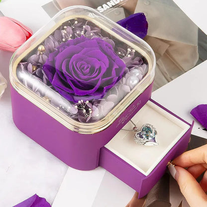 Valentine's Day rose flower drawer jewellery box with preserved eternal flowers and love crystal necklace gift set