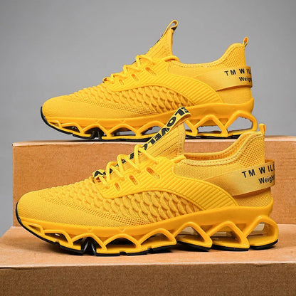 Men's solid colour mesh running shoes with a rubber sole on a white background.