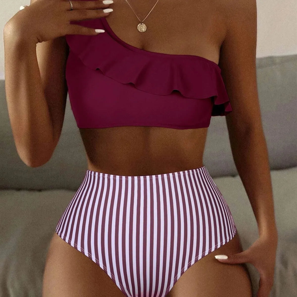 Women's striped split design bikini swimsuit in Army Green colour with V-neck sleeveless style