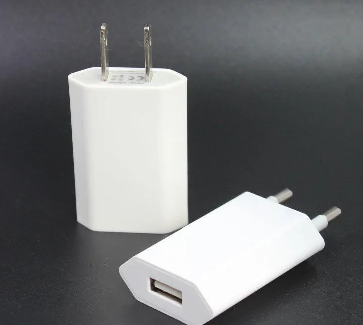 White 5V 2A USB wall charger and white Lightning cable for iPhone and iPad on a grey background