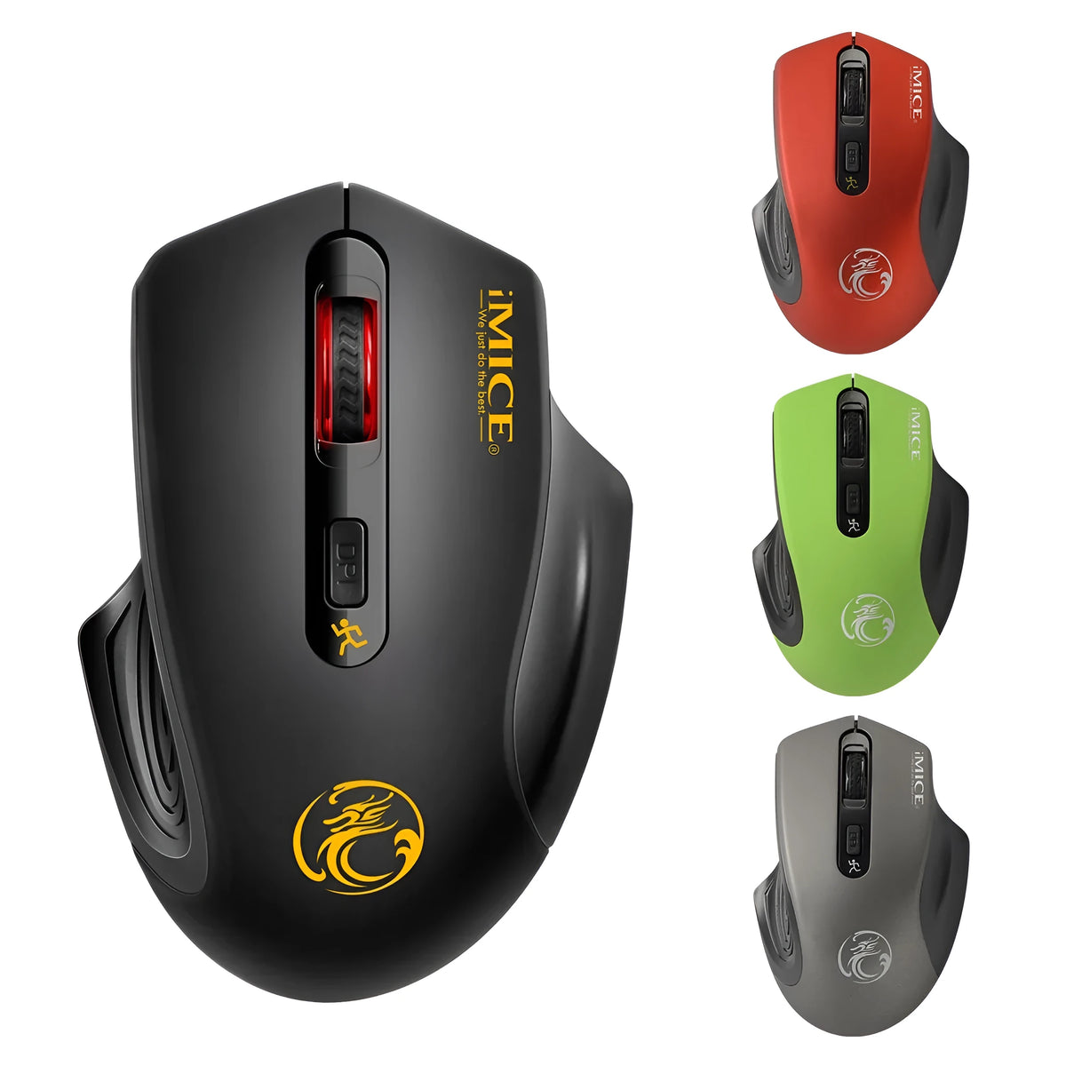 2.4G wireless USB optical mouse, 1600dpi, four-way roller, ergonomic, 100-120mm, Black Green Grey Red