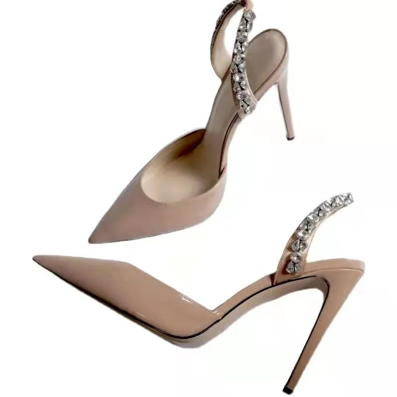Women's black patent leather pointed toe sandals with rhinestone embellishments on an 11cm heel.