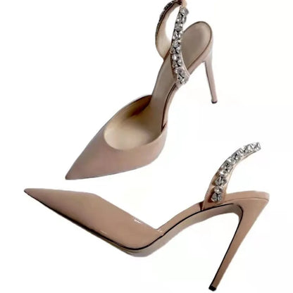 Women's black patent leather pointed toe sandals with rhinestone embellishments on an 11cm heel.