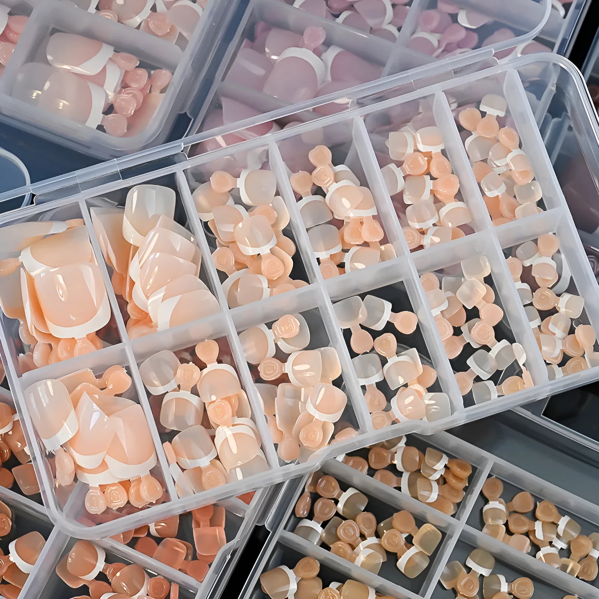 120-piece French white edge toenail pieces in nine natural nude shades, full square short shape for easy application
