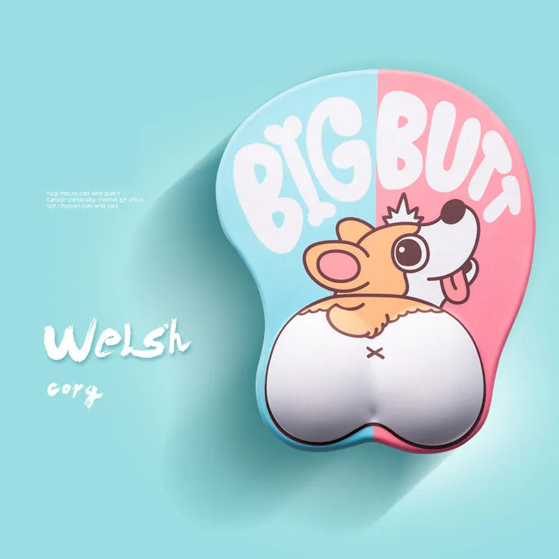 Corgi-shaped 3D mouse pad with wrist support cushion in blue, green, pink or yellow colour options