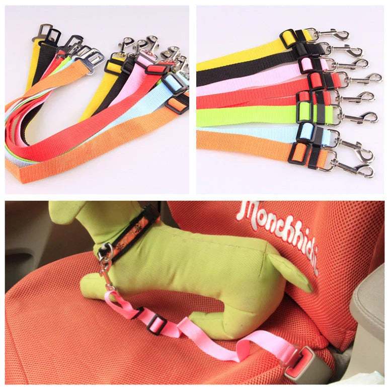 Adjustable dog seat belt with secure clip and buckle for attaching to pet harness and vehicle seatbelt