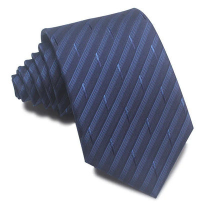 Close-up of a red and black striped men's business tie with a textured Jacquard weave, showing the 8cm width and arrow point shape.