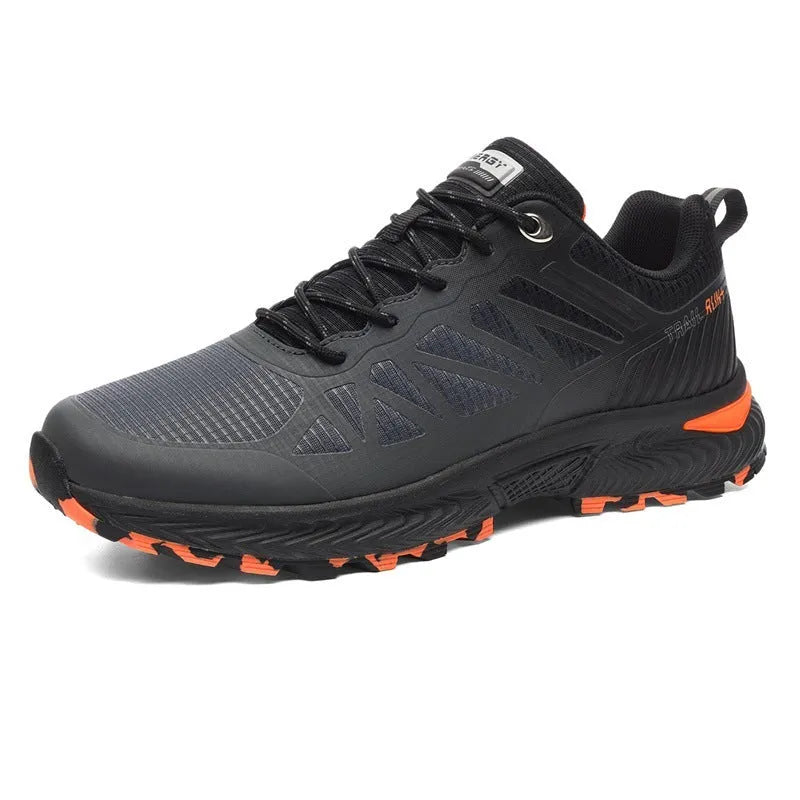 Men's black outdoor running shoes with mesh surface and lace-up closure on neutral background