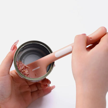Green long-handle pet feeding spoon with right-angle head for scraping canned wet food.
