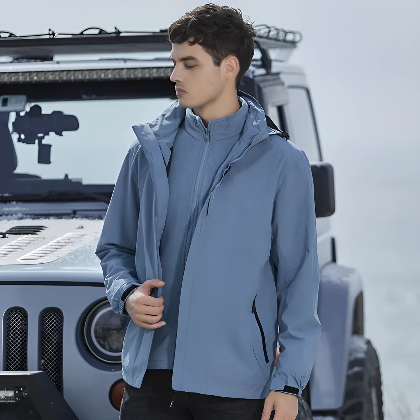 Men's fluorescent coloured waterproof mountaineering suit with removable fleece liner, shown in a hiking setting.