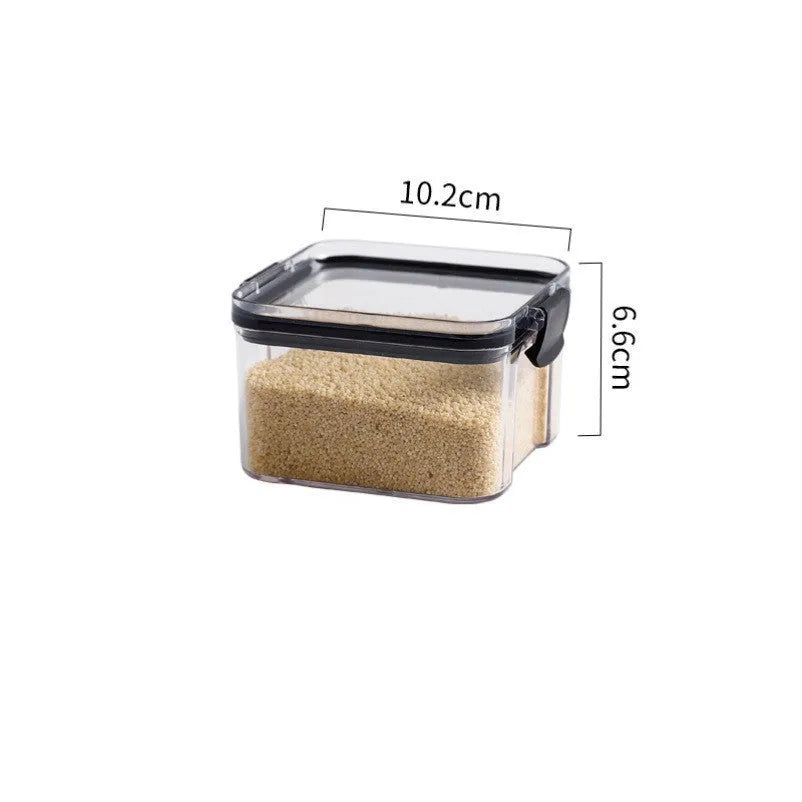 Transparent square grain storage container with black lid in multiple capacity sizes