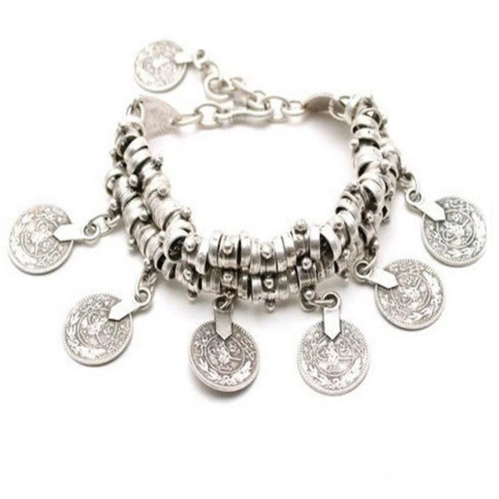 Elegant adjustable coin bracelet and anklet set in gold and silver