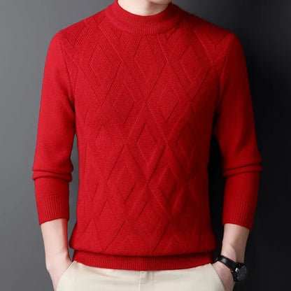 Men's thick winter pullover sweater with diamond jacquard pattern in a light camel colour.