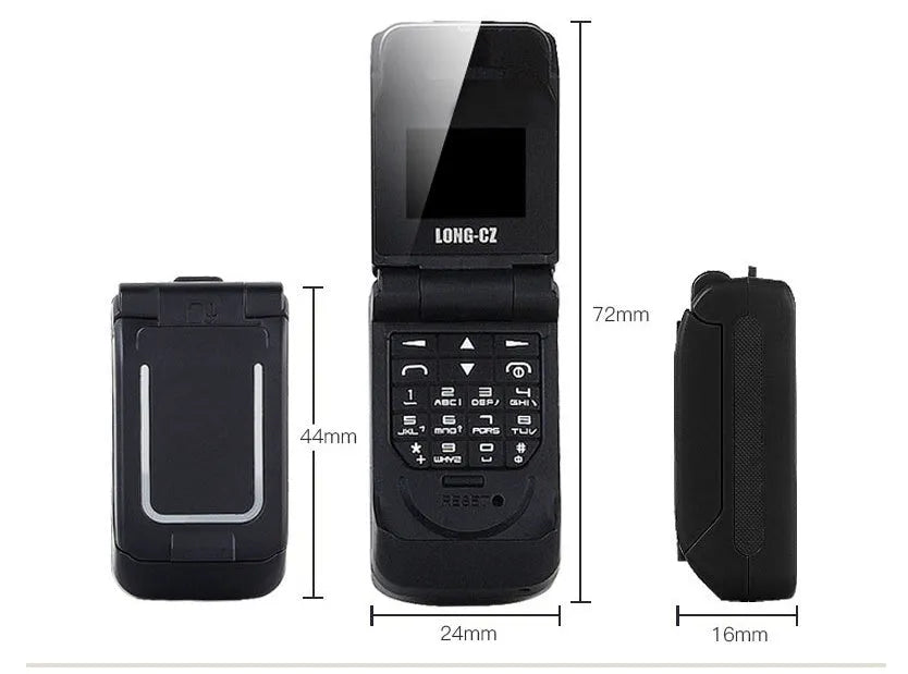 Mini flip mobile phone in gold, shown with flip cover open, on a white background.