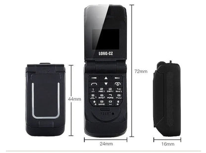 Mini flip mobile phone in gold, shown with flip cover open, on a white background.