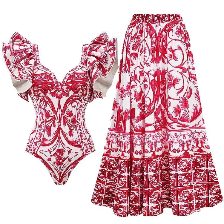 Women's printed one-piece swimsuit in adult sizes S, M, L, XL, featuring a front-tie apron style option and available in polyester with a 95% polyester lining in colours including rose pink, white, and blue.