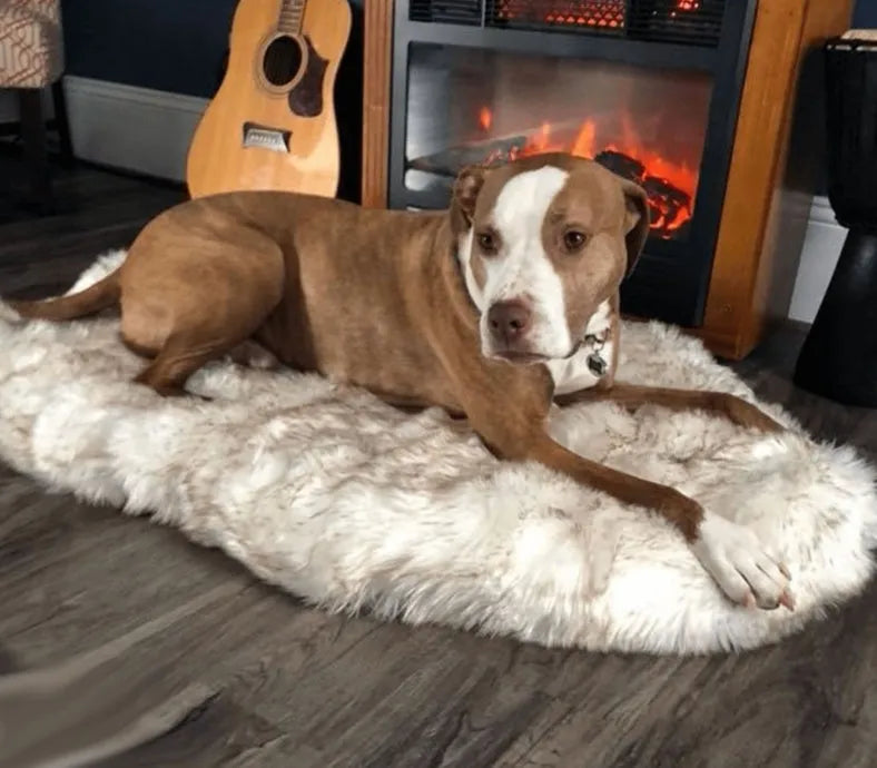 Beige plush dog mat cushion bed for large dogs, showing soft fabric texture and raised height.