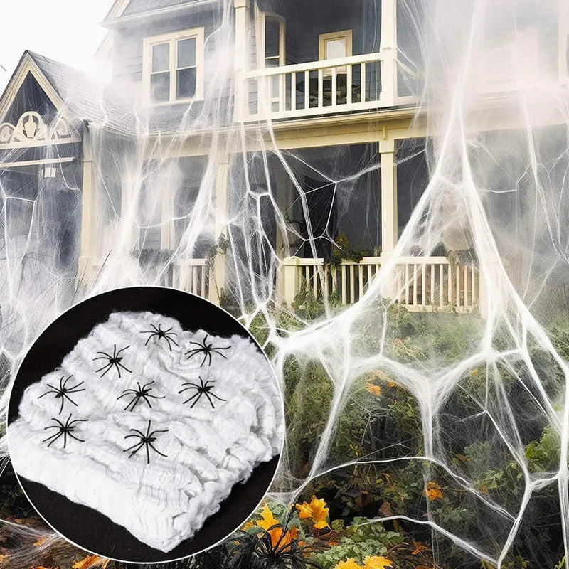 White cotton Halloween spider web decorations with multiple spiders in graduated weight options from 20g to 2000g