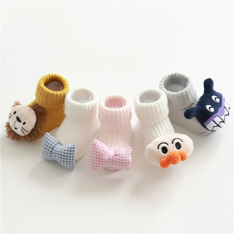 Cotton baby floor socks in multiple designs for infants aged 0-3 months