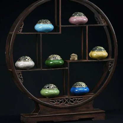Retro ceramic incense burner in multiple glaze colours with 8cm diameter and 7cm height