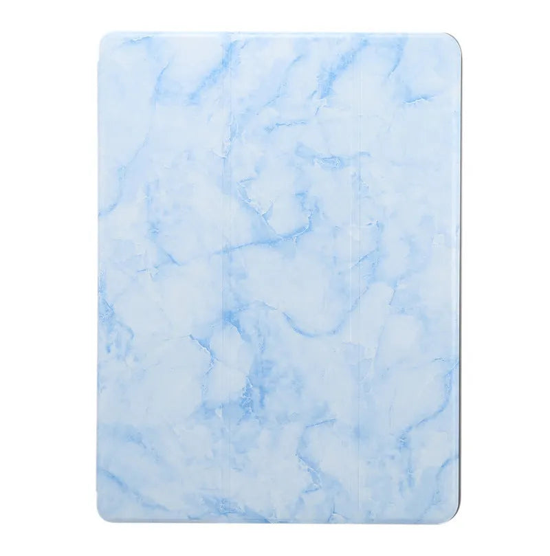 Tri-fold iPad case with marbling design showing pen slot and available in dark gray, creamy-white, purple, blue, and pink colours