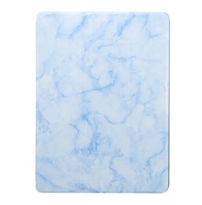 Tri-fold iPad case with marbling design showing pen slot and available in dark gray, creamy-white, purple, blue, and pink colours