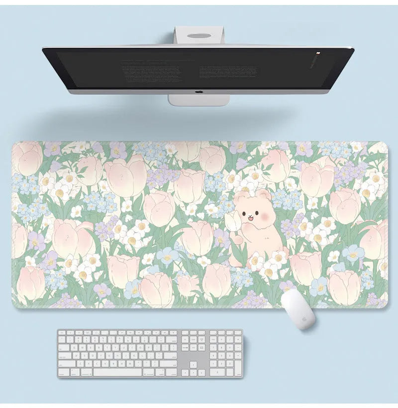 Large cartoon flower pattern mouse pad with non-slip rubber base on desk