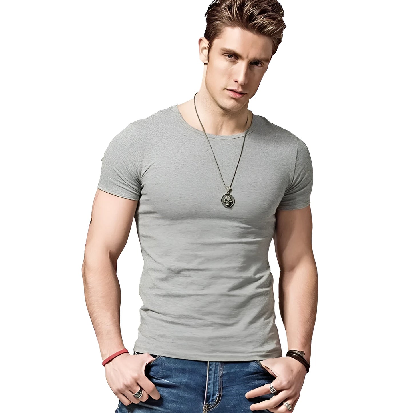 Men's bamboo fibre summer T-shirt shown in multiple colour options on a grey background.