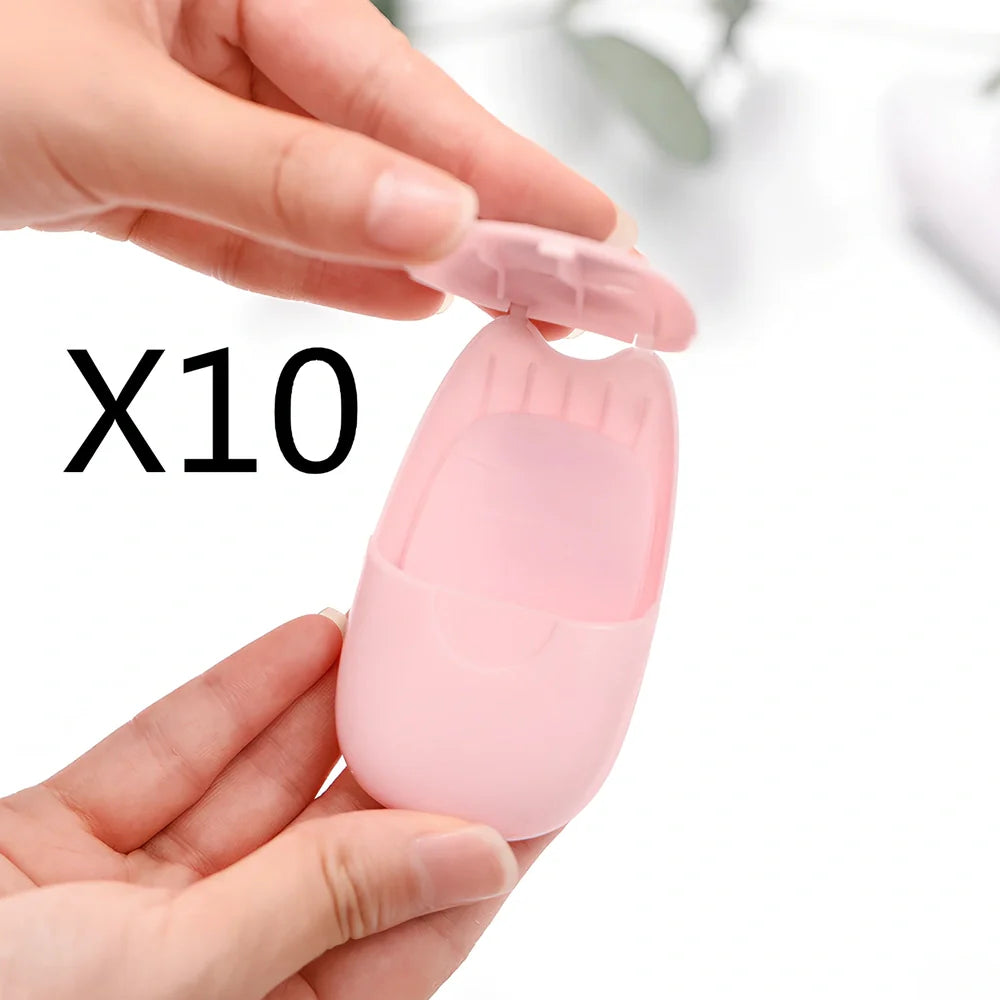 Pack of 50 pink biodegradable soap paper sheets in ABS carton, 8cm x 4.5cm each for portable cleaning