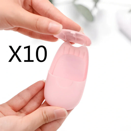 Pack of 50 pink biodegradable soap paper sheets in ABS carton, 8cm x 4.5cm each for portable cleaning