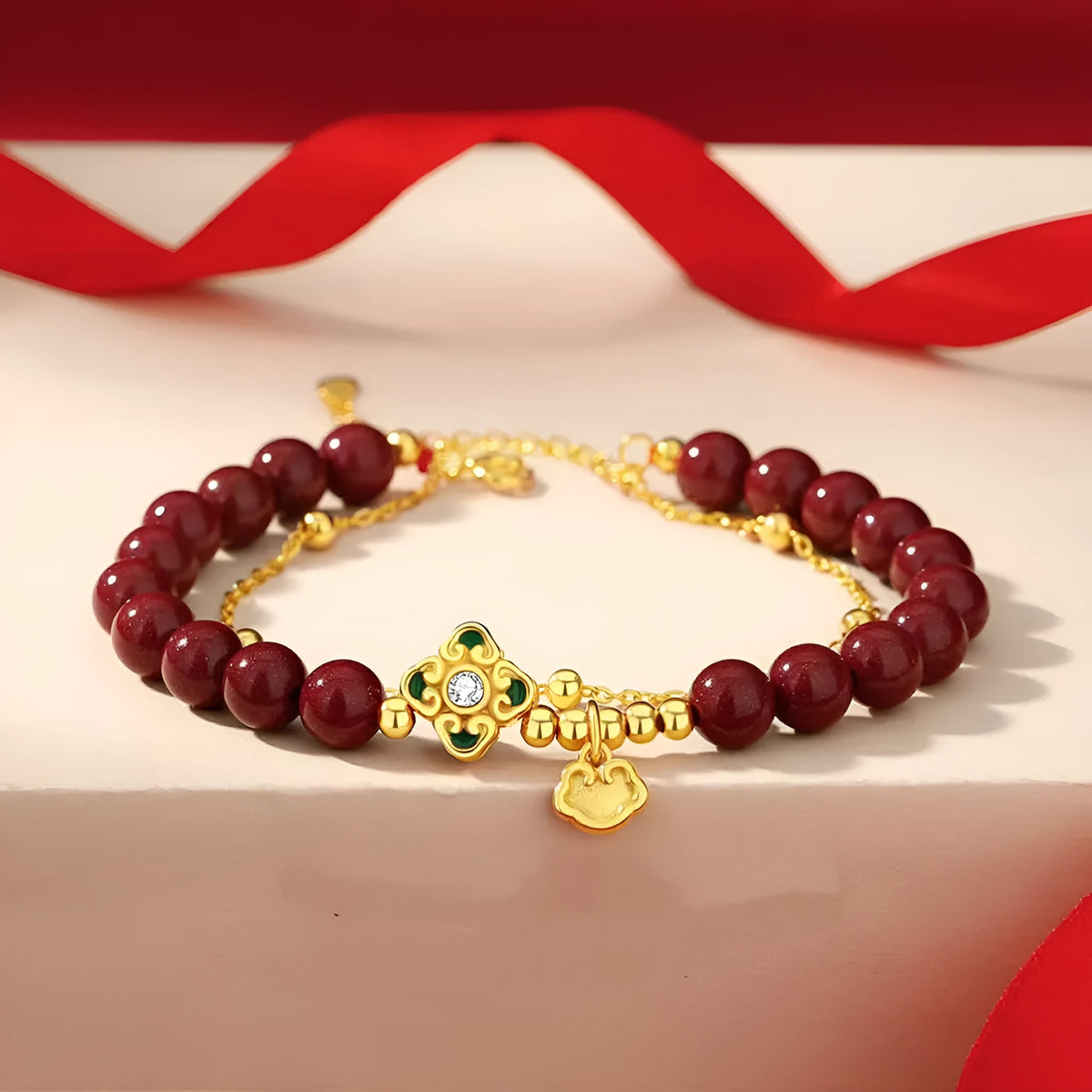 Sterling silver women's bracelet with Ruyi Xiangyun cinnabar flower geometric design
