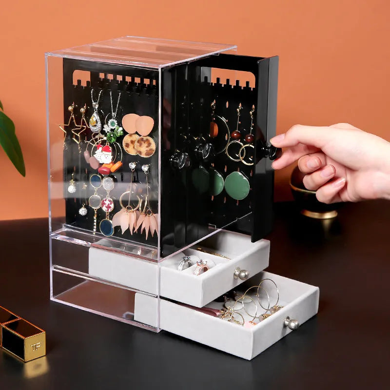 Clear acrylic cosmetic storage box showing makeup organisation with dimensions 13.5x13x24.7 cm