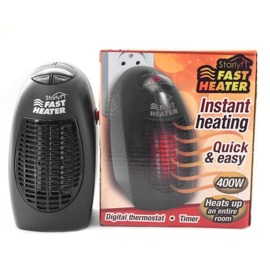 Compact electric space heater with stay-cool plastic housing, digital thermostat, and 180-degree rotating plug