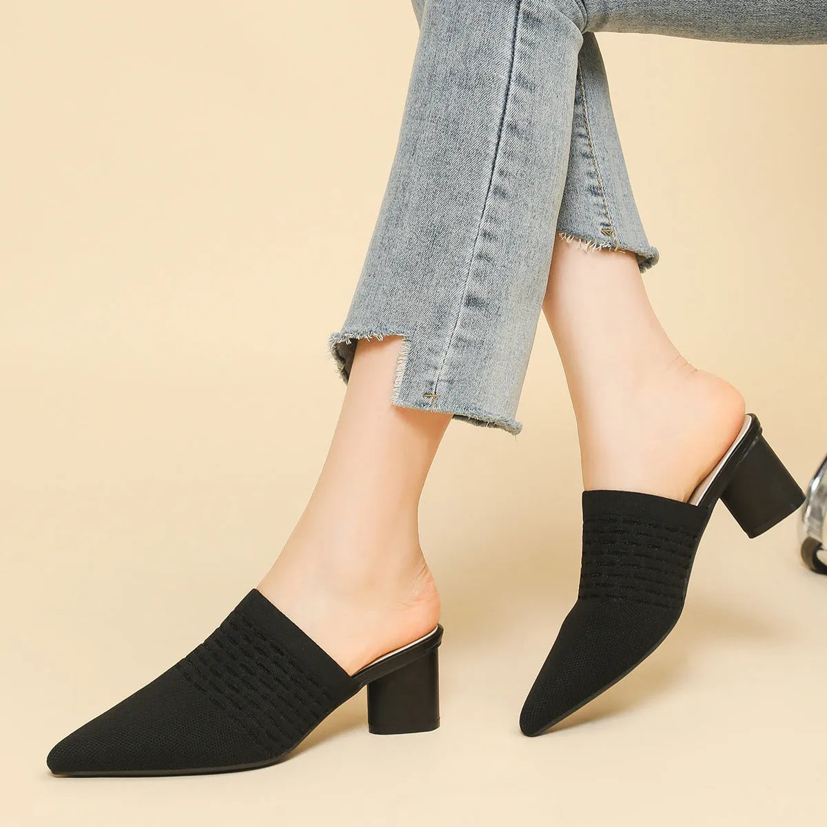 Women's black pointed toe sandals with a fabric upper and a 5cm chunky rubber heel