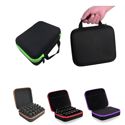 Red cube-shaped EVA essential oil storage bag with 30 compartments, shown mounted on a wall.