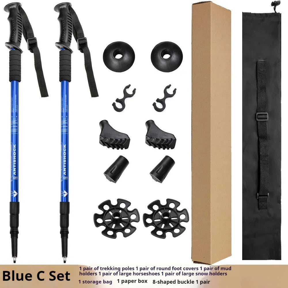 Aluminium alloy telescopic trekking pole extended with three straight handles and accessory attachments