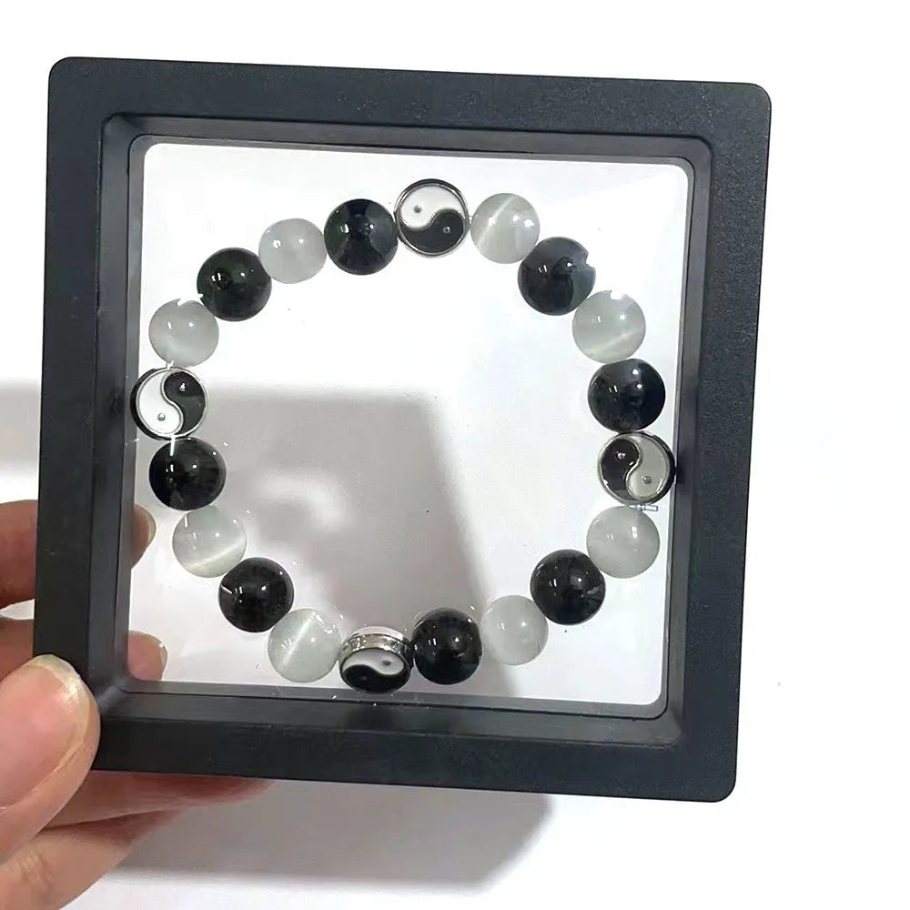 Opal agate Tai Chi bracelet with black agate inlays, 10mm beads, Chinese style design for men and women