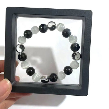 Opal agate Tai Chi bracelet with black agate inlays, 10mm beads, Chinese style design for men and women