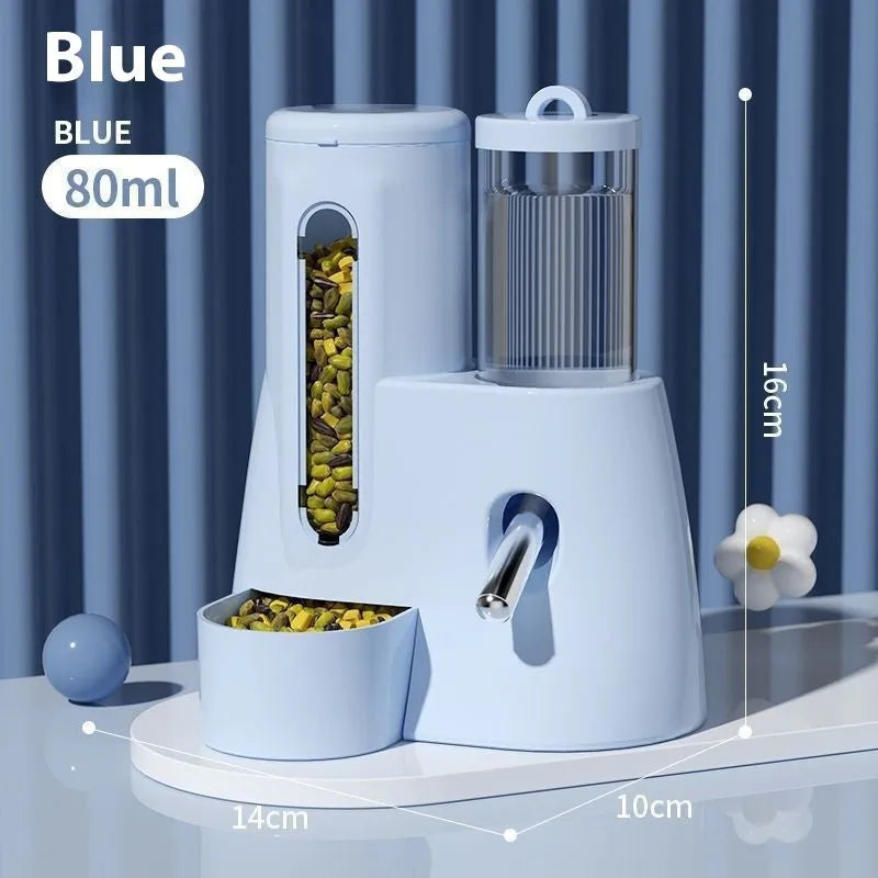 Hamster automatic drinking water feeder with attached food basin in blue colour