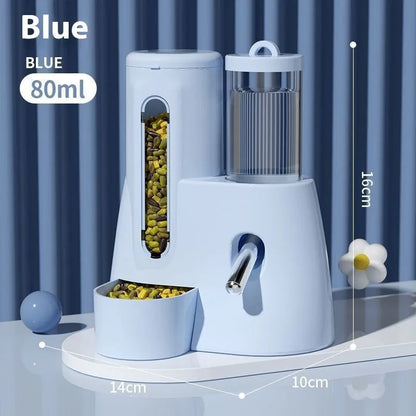 Hamster automatic drinking water feeder with attached food basin in blue colour