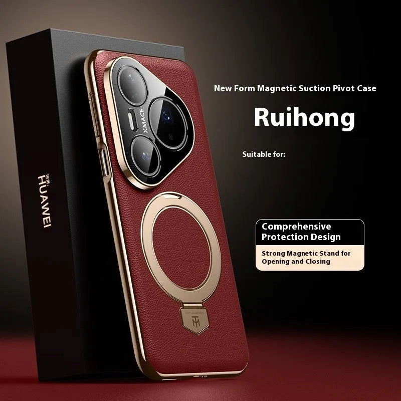 Magnetic rotating bracket phone case for Huawei Pura 70/80 in Obsidian Black frosted feilin leather with fall protection