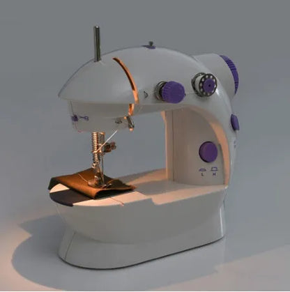 Compact white mini electric household sewing machine with work light and thread cutter.